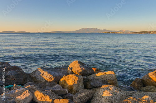 Ilica Korfezi Bay, Ardic, Karatas Burnu and Karaburun Peninsula scenic view from Yildizburnu esplanade (Cesme, Izmir province, Turkiye) photo