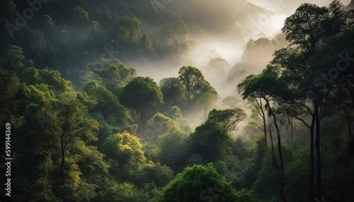 Mysterious fog shrouds tranquil forest landscape scene generated by AI © djvstock