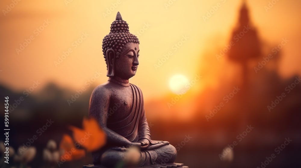 Buddha statue on sunset background.Generative Ai