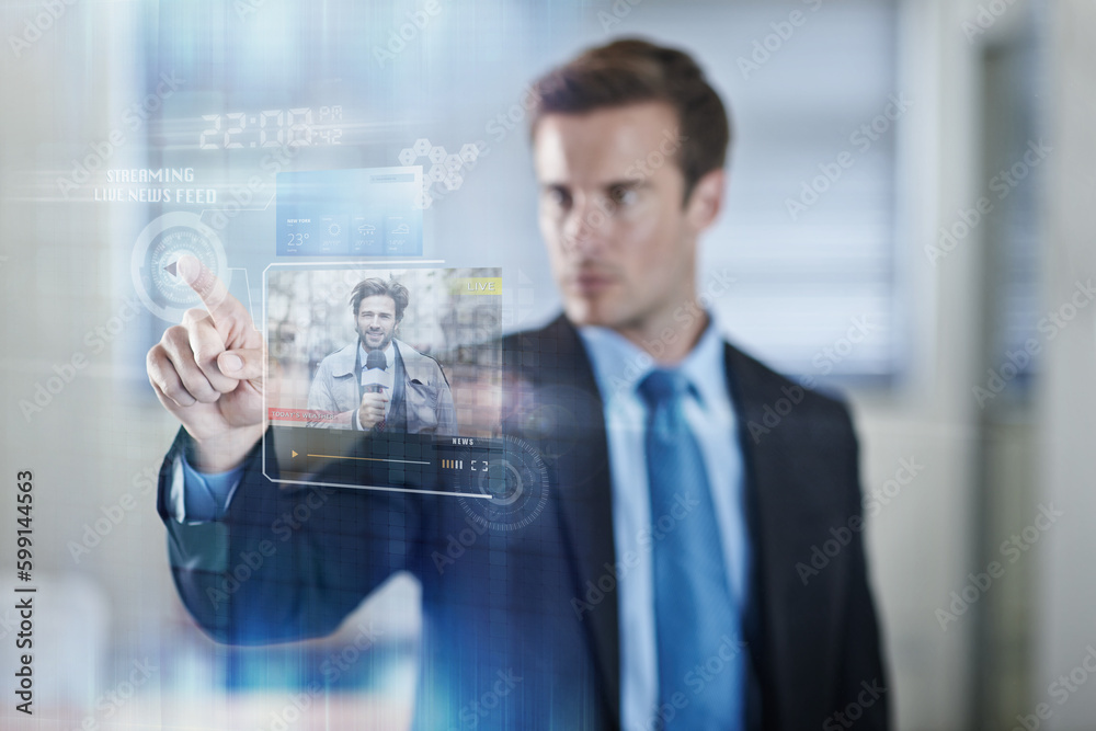 3D, hologram and businessman watching online news on the internet using software technology for information. Futuristic, broadcast and man corporate employee streaming journalist review 3D, hologram and businessman watching online news on the internet using software technology for information. Futuristic, broadcast and man corporate employee streaming journalist review