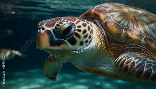 Slow swimming sea turtle in tropical waters generated by AI