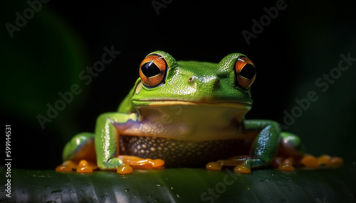 Red eyed tree frog sitting on wet leaf generated by AI