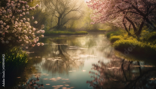 Tranquil scene of reflection in the pond generated by AI