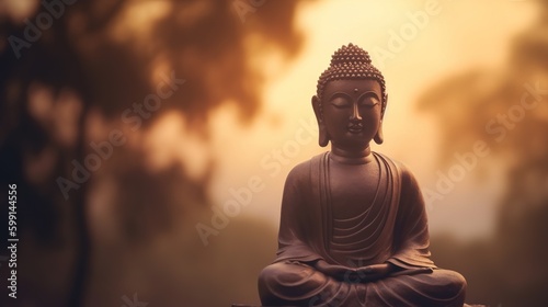 Buddha statue on sunset background.Generative Ai