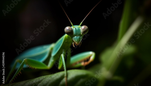 Green locust on leaf, close up macro shot generated by AI © djvstock