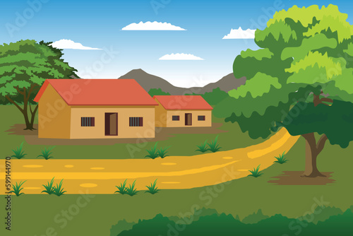 Indian farmer house. Rural side villages. Indian village people living area. Indian village road with small old hut. Village farm house old Indian rural house. Road passing on village