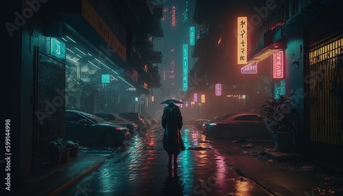 Man walking on the street in the glowing cyber city. Generative A image.