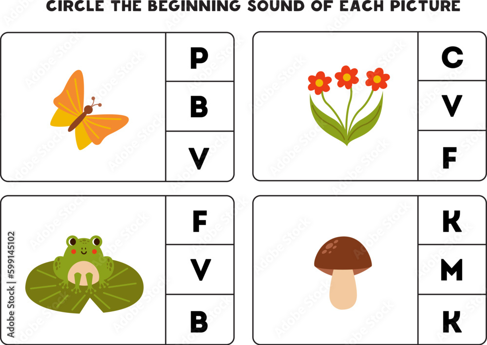 Worksheet for kids. Find the beginning sound of cute woodland elements.