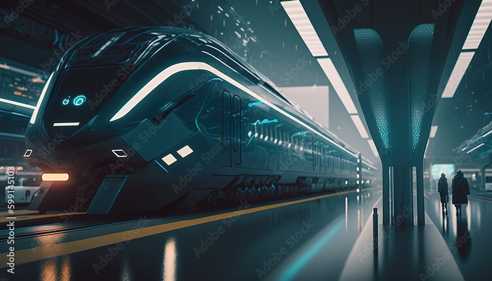an advanced high tech modern bullet train on the train station subway, and modern architecture of the train station. Generative AI