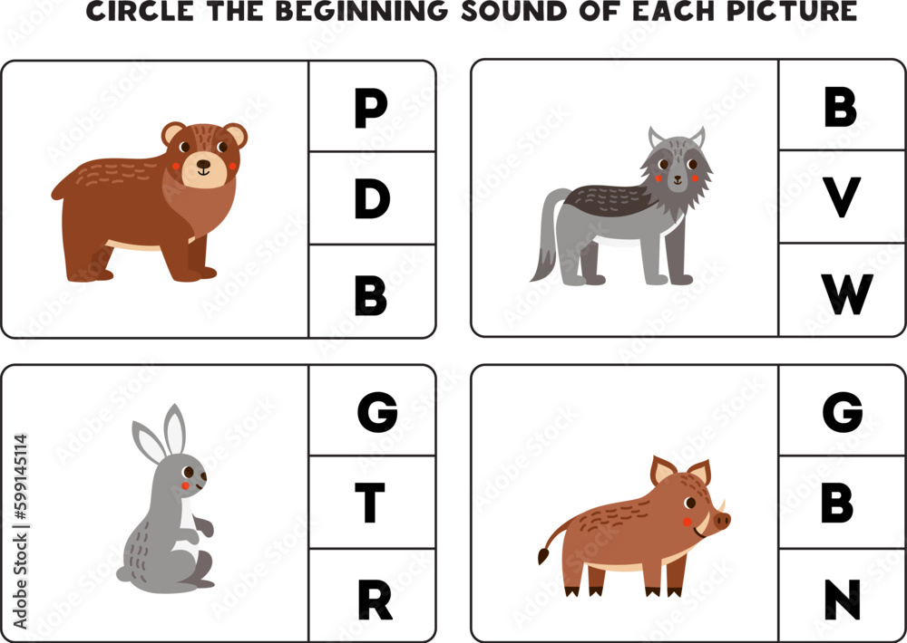 Worksheet for kids. Find the beginning sound of cute woodland animals.