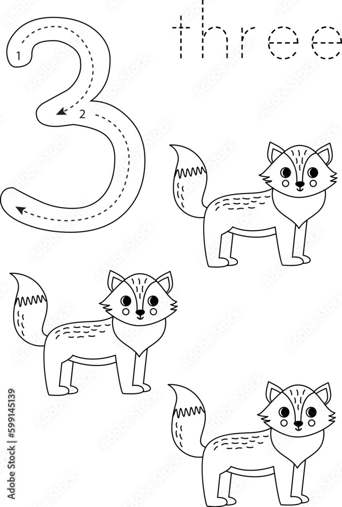 Naklejka premium Flashcard number 3. Preschool worksheet. Cute cartoon foxes.
