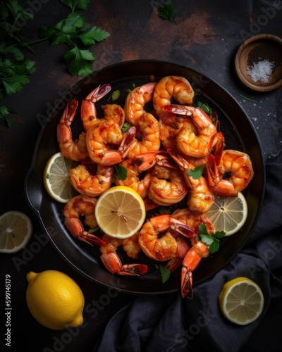 Cajun-style shrimp served with some lemon wedges on a plate