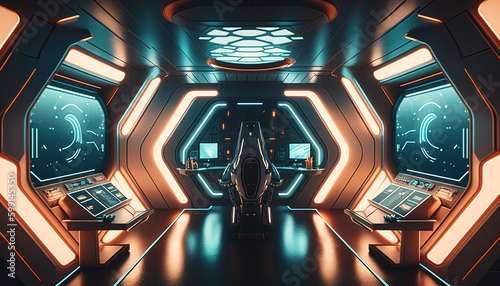 Fototapeta Naklejka Na Ścianę i Meble -  High tech futuristic spaceship corridor interior with neon lights theme gamer room setup, gamer room. Generative AI