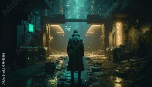 a man walking through a dark path in a cyber modern city, future on the city, a sprawling underground city built to withstand city. Generative AI