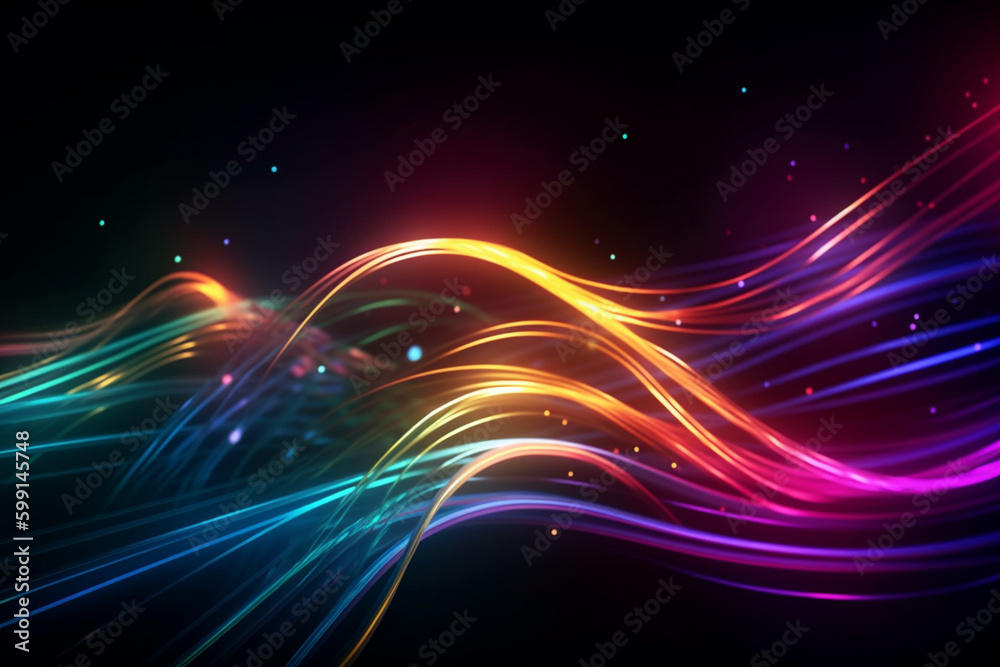 Obraz premium Neon waves and lines, colorful neon background, glowing in the dark, particles around, ai image.