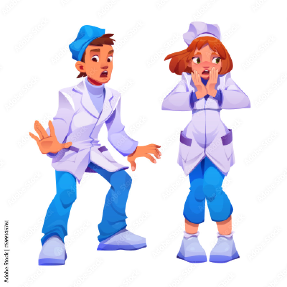 Scared doctor vector set. Medic man worker fear at work. Cartoon physician character clipart illustration. Medical staff male and female in uniform. Isolated healthcare profession therapist in cap Scared doctor vector set. Medic man worker fear at work. Cartoon physician character clipart illustration. Medical staff male and female in uniform. Isolated healthcare profession therapist in cap