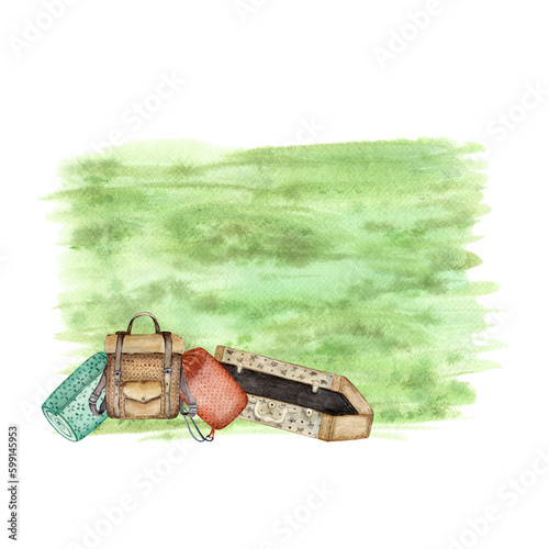 Set of items for traveling by car. Suitcases, backpacks. Watercolor illustration photo