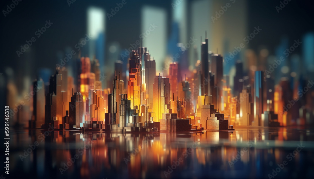 Futuristic city skyline glows in multi colored reflection generated by AI