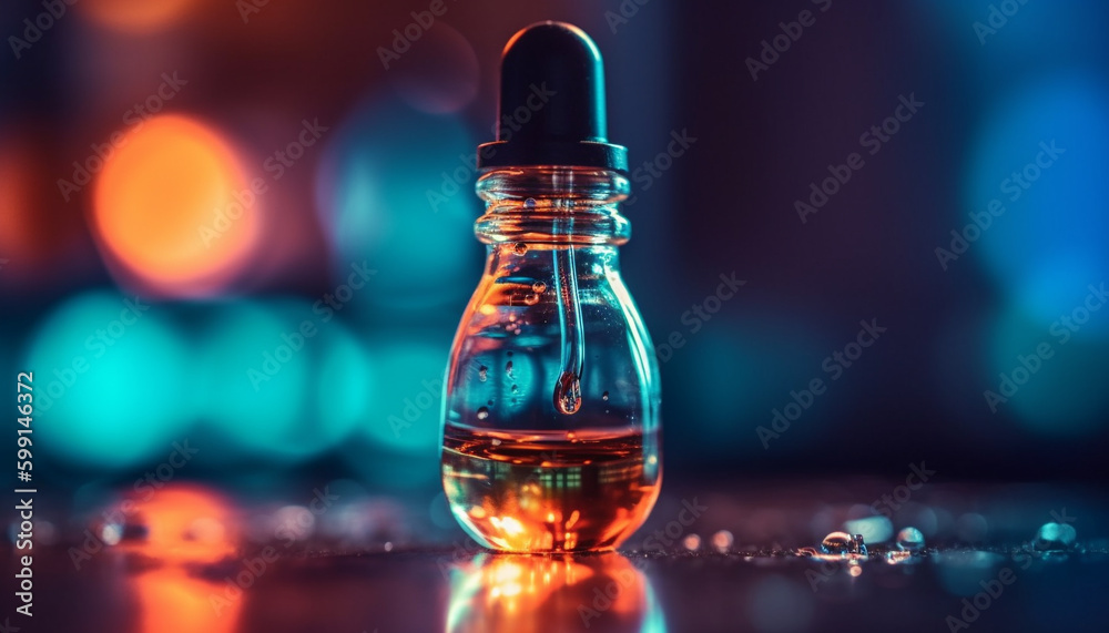 Glowing whiskey bottle on table, illuminated blue generated by AI Glowing whiskey bottle on table, illuminated blue generated by AI