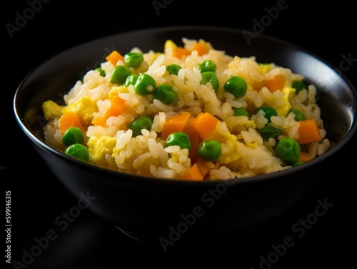 fried rice with diced carrots, peas, and scrambled eggs