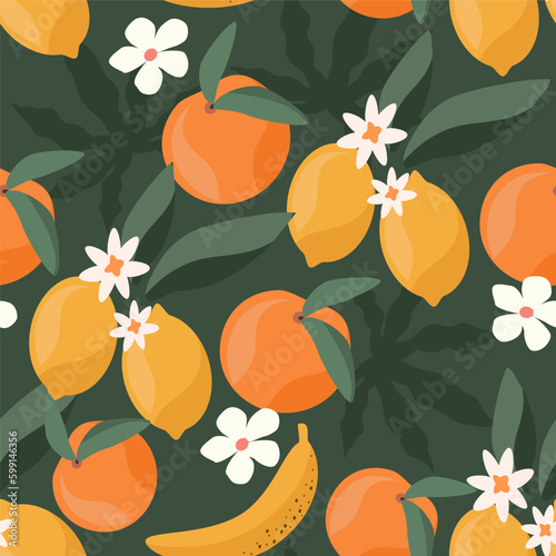 vector seamless pattern with  lemon, oranges, bananas and palm leaves. bright pattern in a flat style for printing onto fabric, wrapping paper. summer tropical background