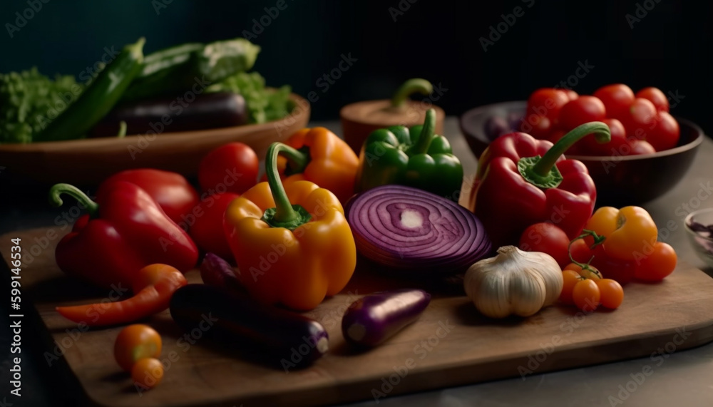 Fresh vegetables on rustic wooden cutting board generated by AI
