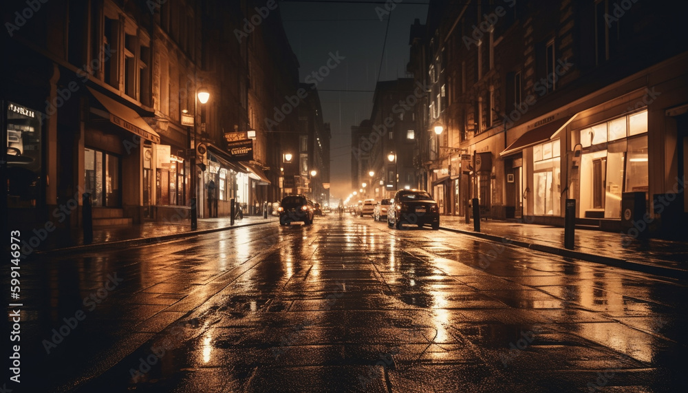 Illuminated city street, blurred motion, vanishing point generated by AI
