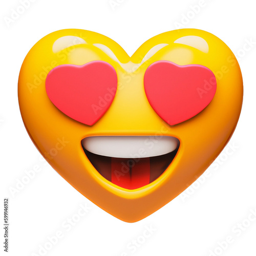3D heart emoji with heart eyes and a smile, in bold yellow and red, tongue, with transparent background