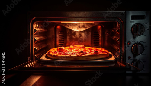 Freshly baked pizza on wood burning stove generated by AI