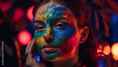 Glowing young adult with colorful face paint generated by AI