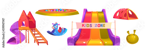Kids playground in park, kindergarten or school. Play area with toys, slides, house with spiral tube slide, ball pool isolated on white background, vector cartoon illustration