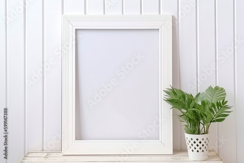 Blank white wooden frame and vase with green leaves, Generative AI © Aleksandr Bryliaev