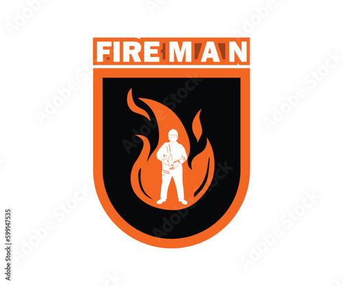 FIREFIGHTER EMBLEM LOGO silhouette of great fireman in shield vector illustrations