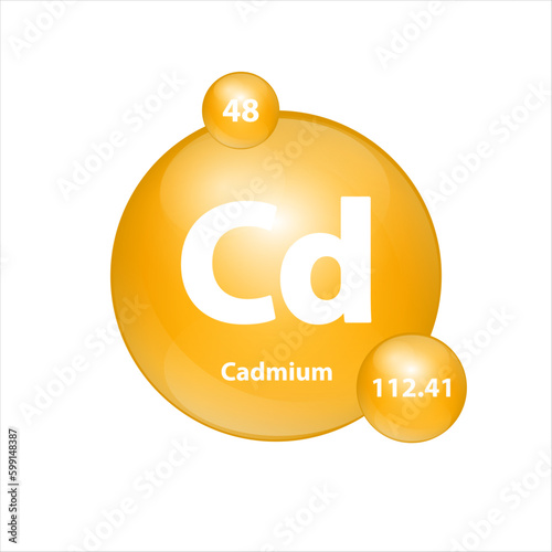 Cadmium (Cd) icon structure chemical element round shape circle yellow dark. Chemical element of periodic table Sign with atomic number. Study in science for education. 3D Illustration vector.
