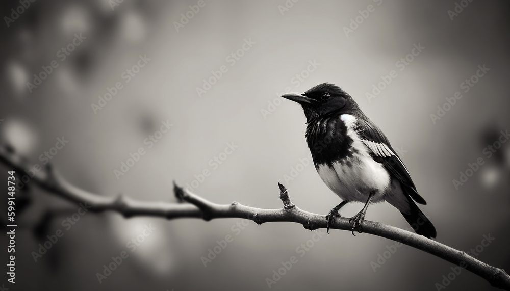 Perching starling on twig, black and white generated by AI