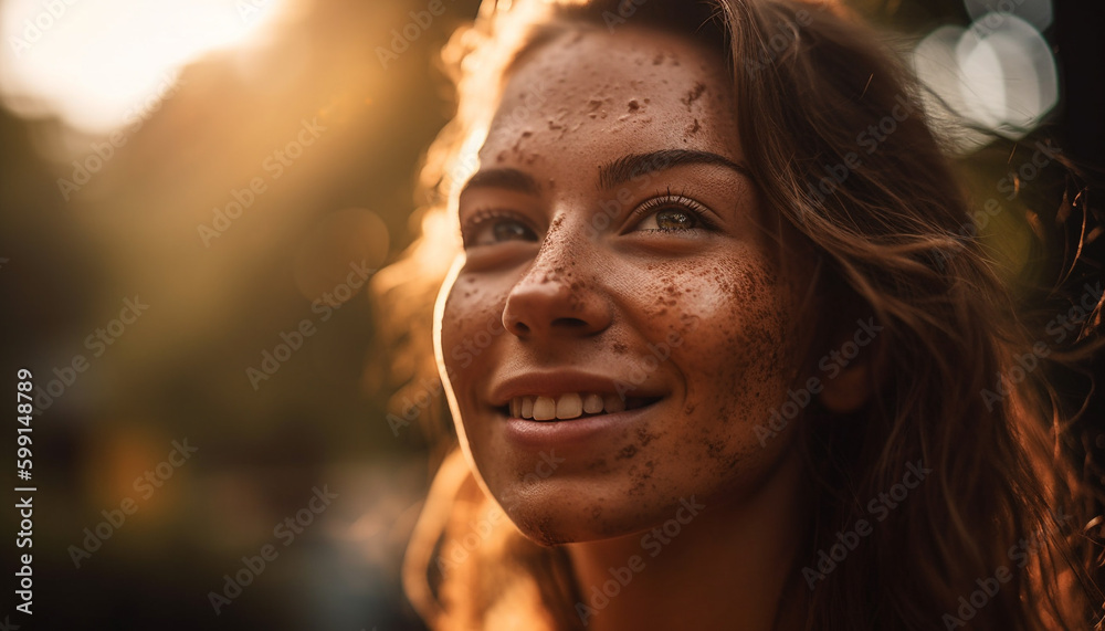 Young woman enjoys summer outdoors with smile generated by AI Young woman enjoys summer outdoors with smile generated by AI