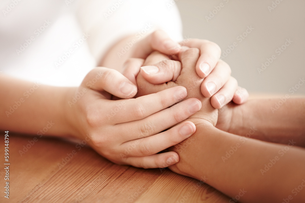 Holding hands, life coach and people with care and community, showing empathy and love with kindness. Comfort, hope and a person giving helping hand for mental health, trust and forgiveness together - obrazy, fototapety, plakaty 