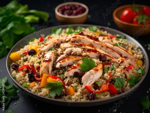 quinoa salad with grilled chicken and roasted bell peppers