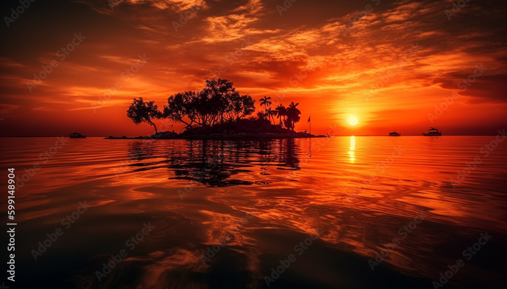 Golden sunset reflects on tranquil tropical waters generated by AI