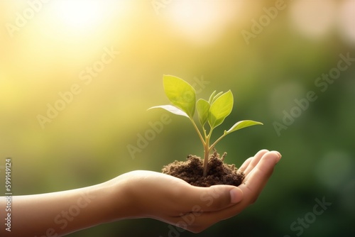 life growth plant care leaf green nature agriculture hand ecology. Generative AI.