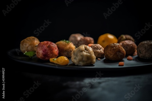 variety of meatballs in different flavors and shapes on a black plate