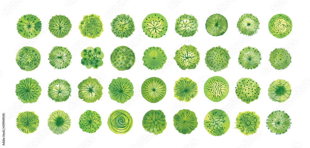 Set of green trees, top view, isolated on white background for landscape or architecture plan. Design elements for environment or garden map, vector illustration. Set of green trees, top view, isolated on white background for landscape or architecture plan. Design elements for environment or garden map, vector illustration.