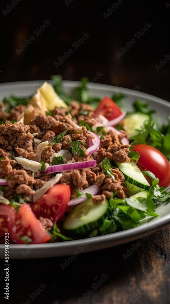 shawarma salad with mixed greens, chopped tomatoes, and cucumbers shawarma salad with mixed greens, chopped tomatoes, and cucumbers