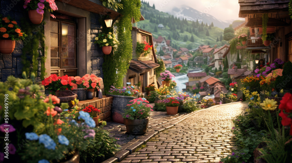 a beautiful hill town road lined with homes and shops a beautiful hill town road lined with homes and shops