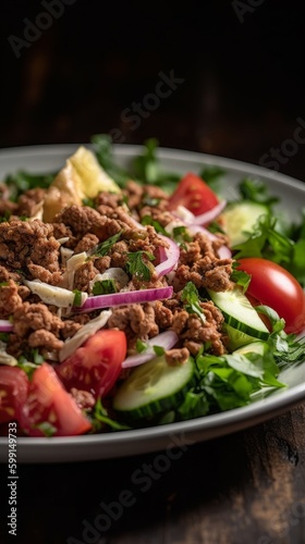 shawarma salad with mixed greens, chopped tomatoes, and cucumbers