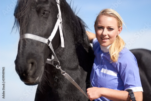 Fitness, sports and portrait of woman and horse for equestrian, competition and contest. Happy, smile and animal show with female jockey and stallion for achievement, performance and training