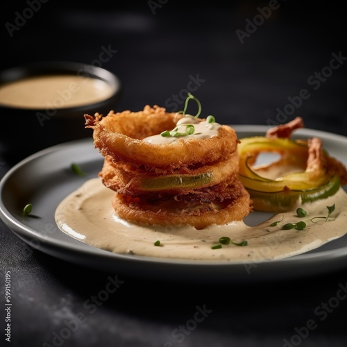 plate of fried green tomatoes and crispy onion rings, served with a side of spicy remoulade sauce photo