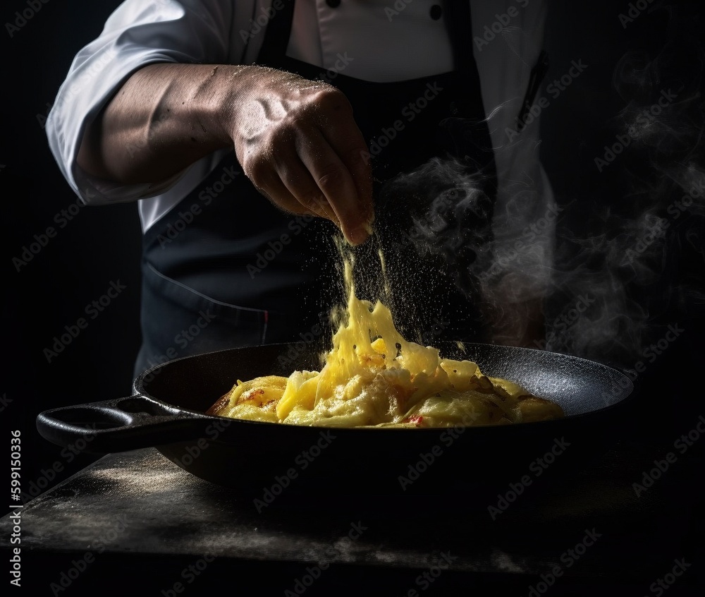 Cocinero preparando un plato de pasta en una sartén - obrazy, fototapety, plakaty 