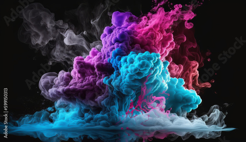 Color smoke. Paint splash. Ink water mix. Fantasy explosion. Pink blue glowing vapor wave on dark black abstract art background with free space.