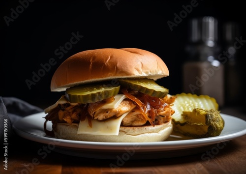 Fototapeta Naklejka Na Ścianę i Meble -  grilled chicken sandwich with caramelized onions and pickles on a white plate
